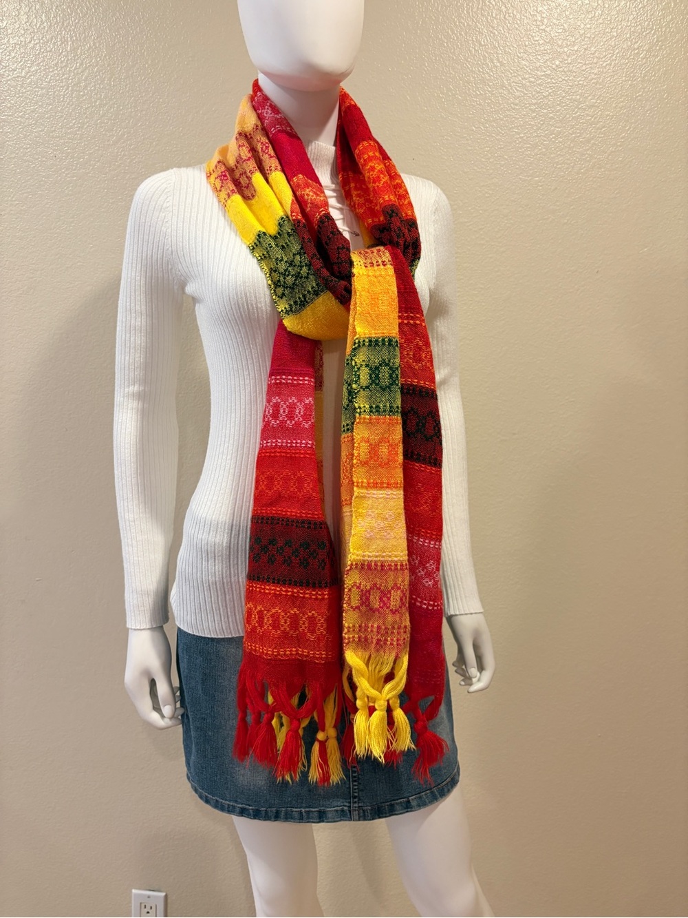Mexican Scarf Shawl Colorful Woven Multi Pattern Vibrant Red Yellow Orange Green